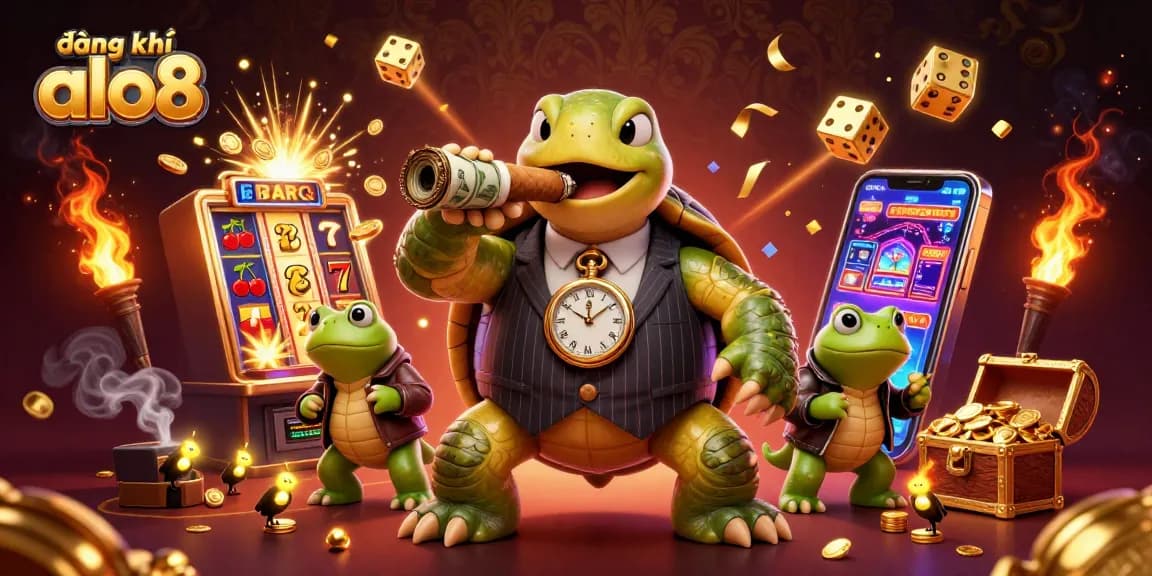 Win big with đăng ký alo8 in a vibrant 3D casino scene featuring a snapping turtle and bullfrogs.