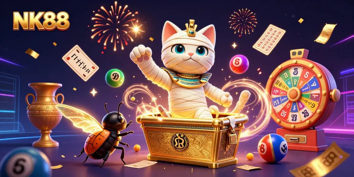 Experience thrilling gaming with NK88 as the Egyptian mummy cat emerges from the sarcophagus amidst vibrant casino elements.