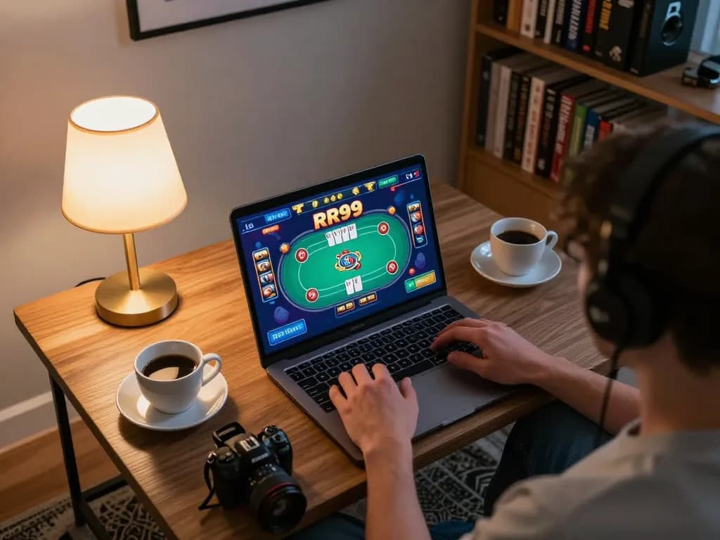 Person enjoying RR99 game on a laptop in a cozy living room, with ambient lighting and gaming setup.