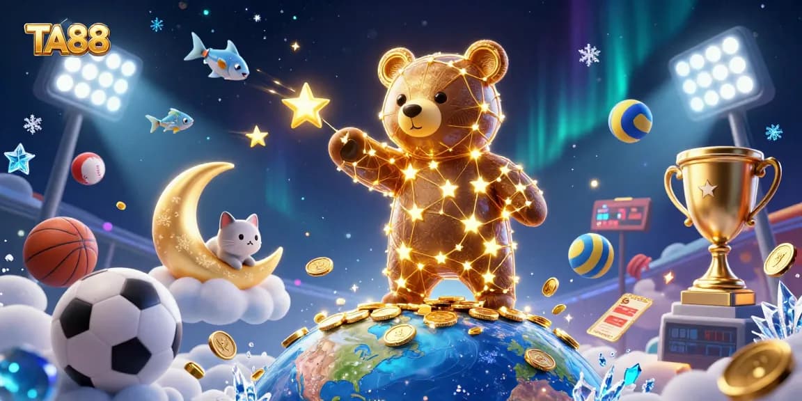 Engage with TA88's exciting casino world featuring a constellation bear and vibrant sports elements.