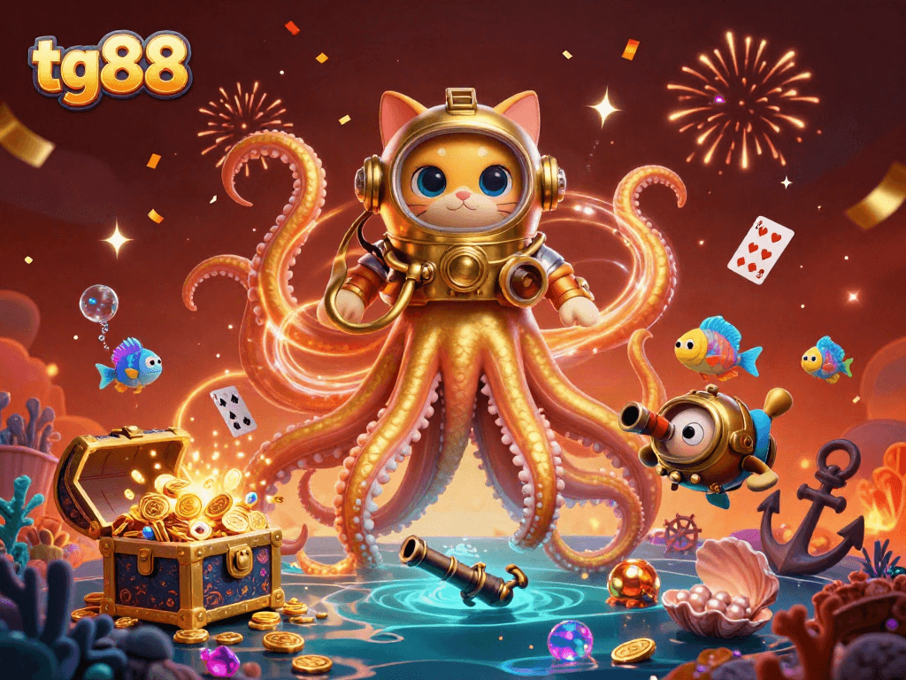 Experience thrilling games at tg88, where a colossal kraken emerges amidst vibrant treasures and gaming action.