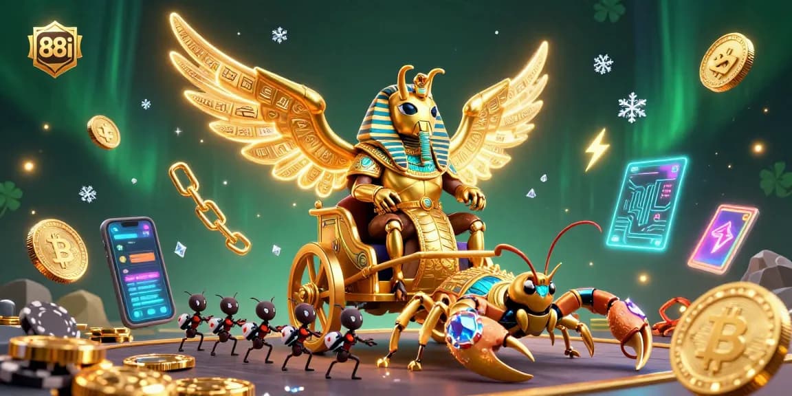 Engage with 88i's thrilling 3D casino scene featuring an armored beetle, scorpions, and lively gambling elements.
