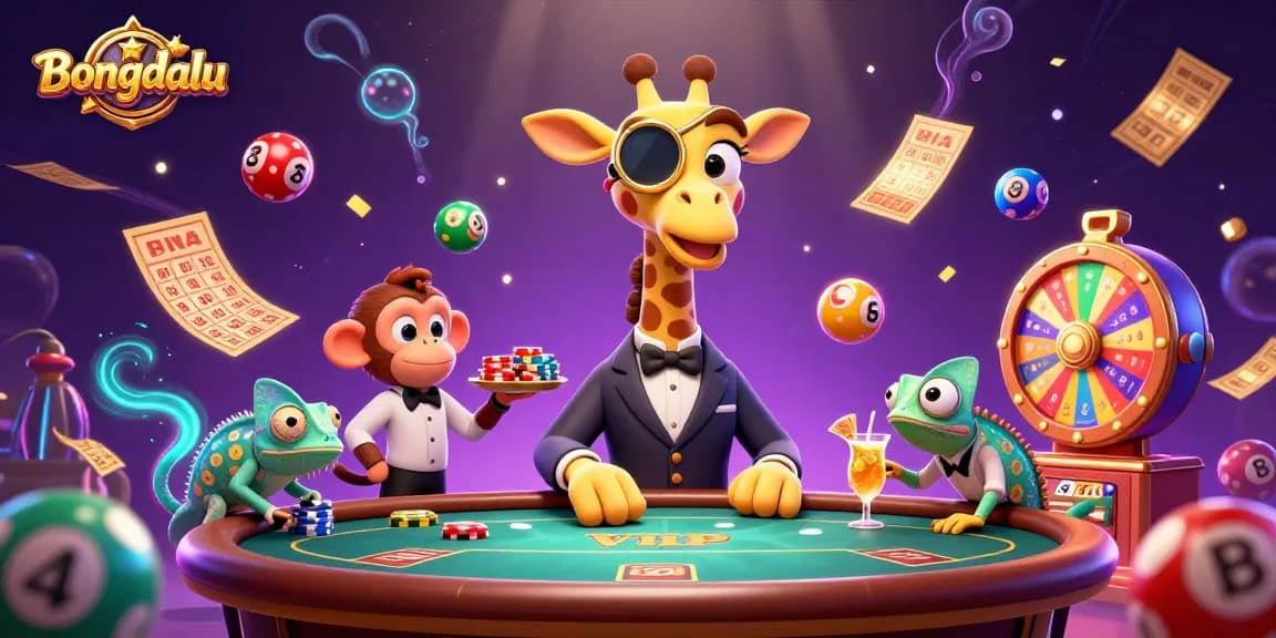 Bongdalu showcases a vibrant scene with a high-roller giraffe at a poker table amidst colorful lottery elements.