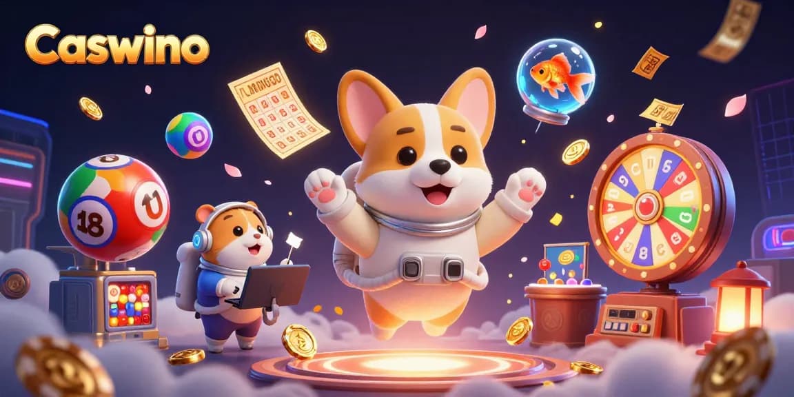 Caswino offers a vibrant casino experience in a dynamic illustration featuring various gambling elements.