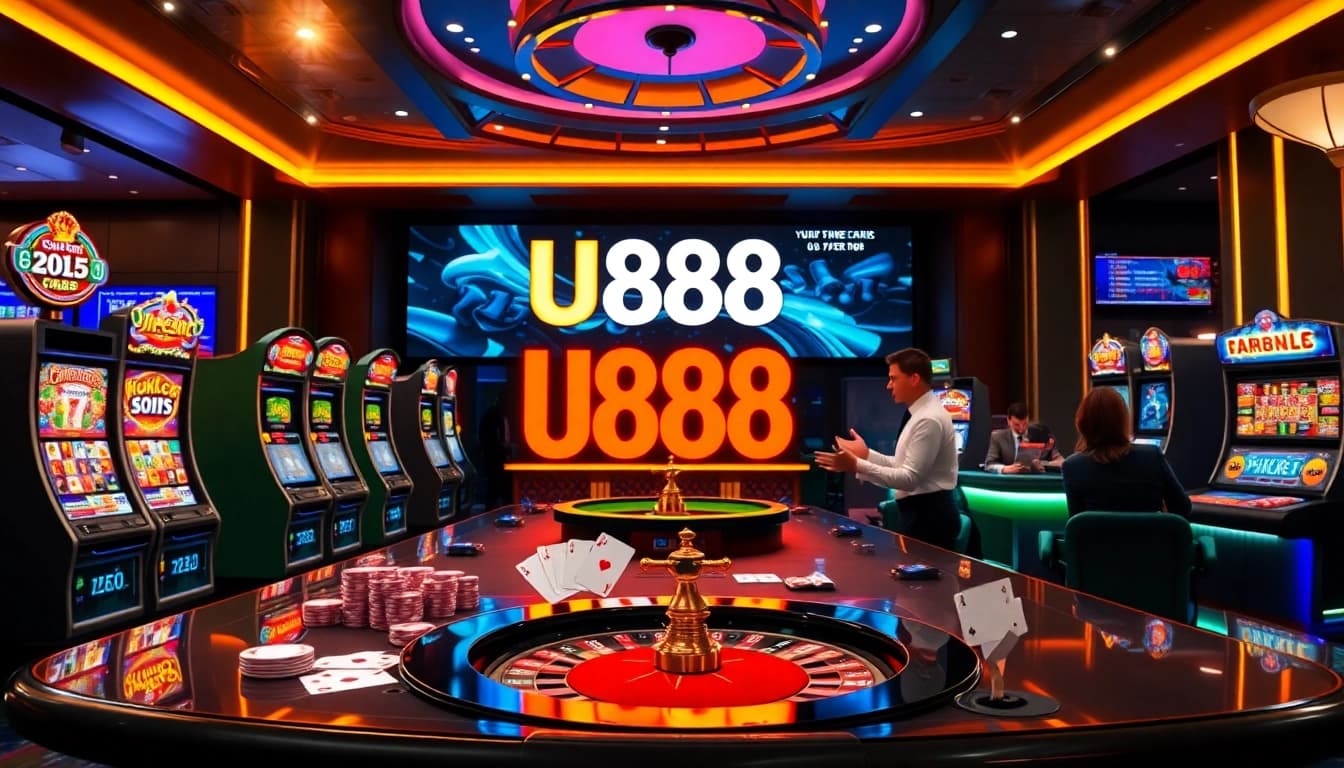 Experience thrilling gameplay at U888 with vibrant casino tables, colorful slot machines, and lively dealers.