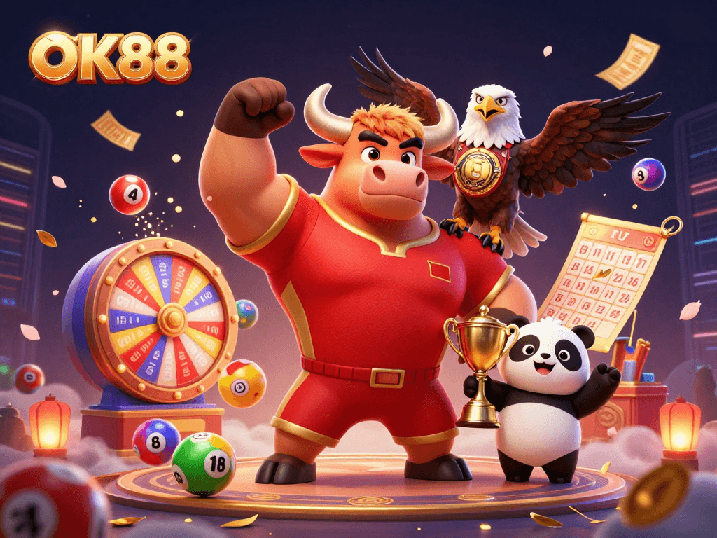 Experience thrilling wins with OK88 at this vibrant cartoon casino scene.