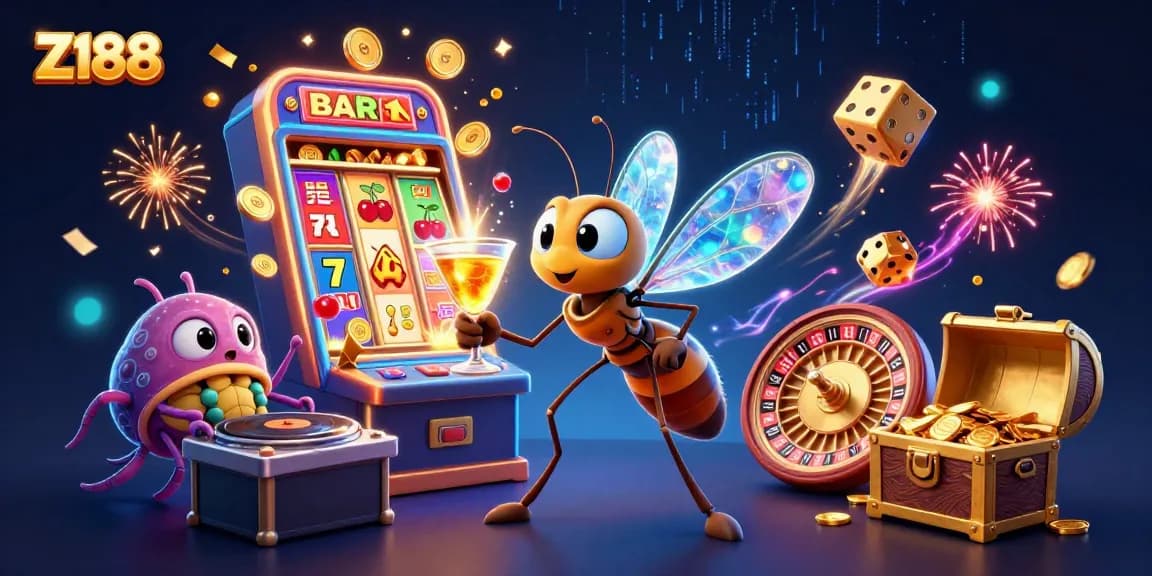 Z188 captivates gamblers with a vibrant scene featuring an animated mosquito mascot, trilobite DJ, and a golden roulette wheel.