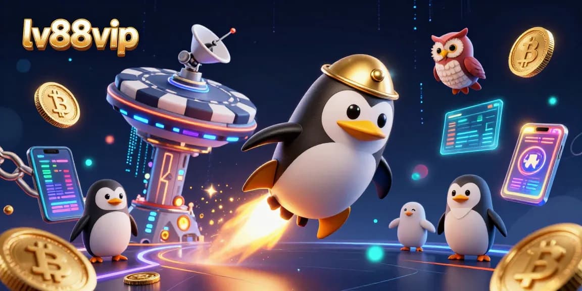 Experience the thrilling journey of the lv88vip penguin racing to a casino station, surrounded by vibrant crypto elements.