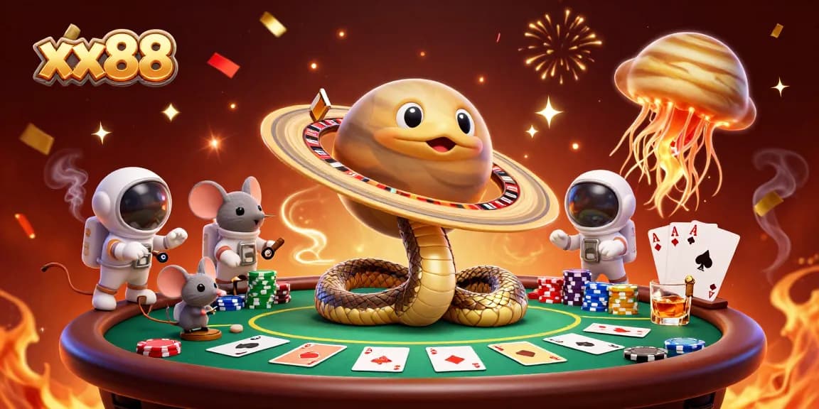 Bet on xx88 with astronaut mice at a cosmic roulette wheel, surrounded by vibrant casino elements
