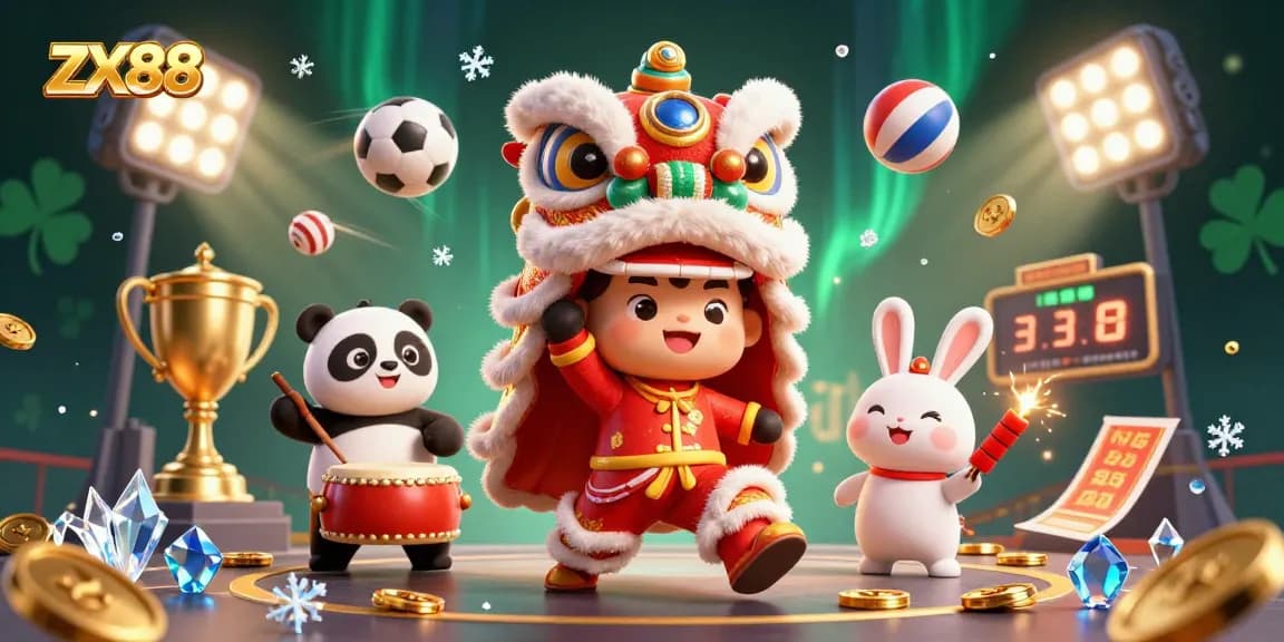 Experience thrilling gameplay at ZX88 with dynamic illustrations featuring a lively lion dance, sports elements, and vibrant casino action.