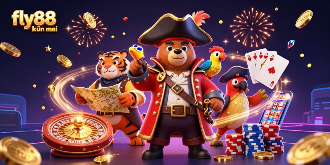 Engage with fly88 khuyến mãi for thrilling gaming experiences featuring a pirate captain and treasures.