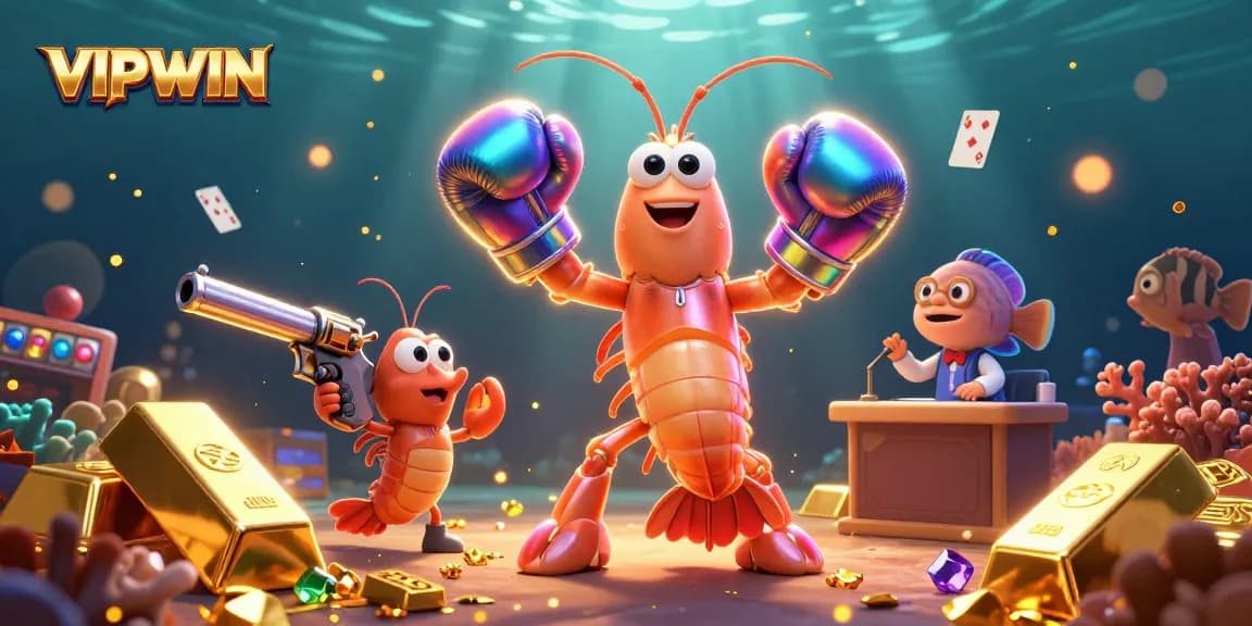 Experience VIPWIN’s excitement with vibrant casino-themed characters amidst shimmering treasures.