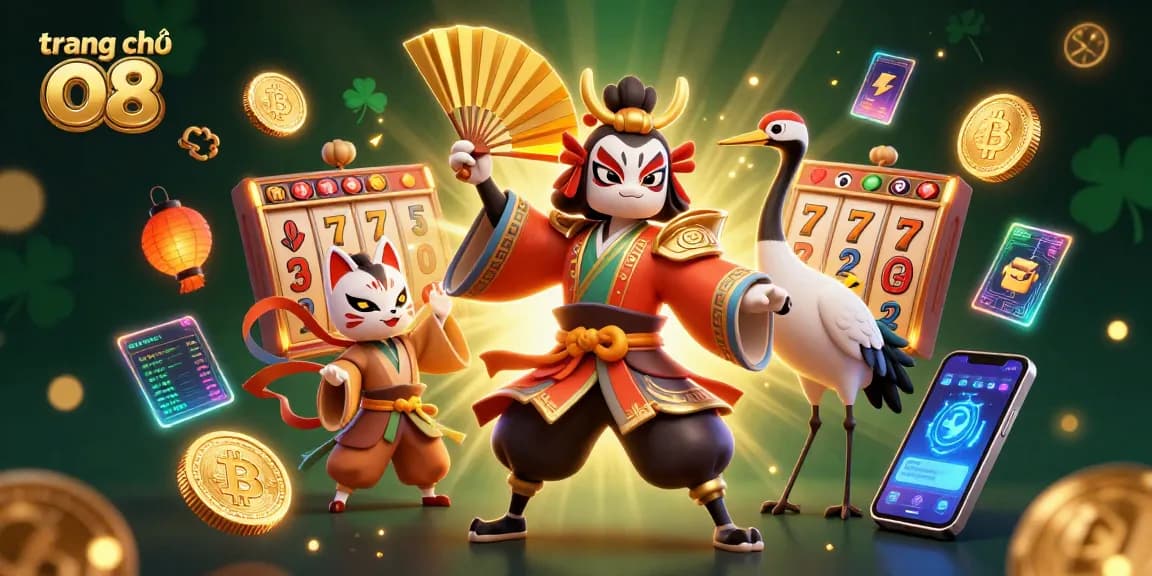 Experience the vibrant action of the trang chủ o8 online casino with an exciting 3D scene featuring kabuki warriors and slot elements.