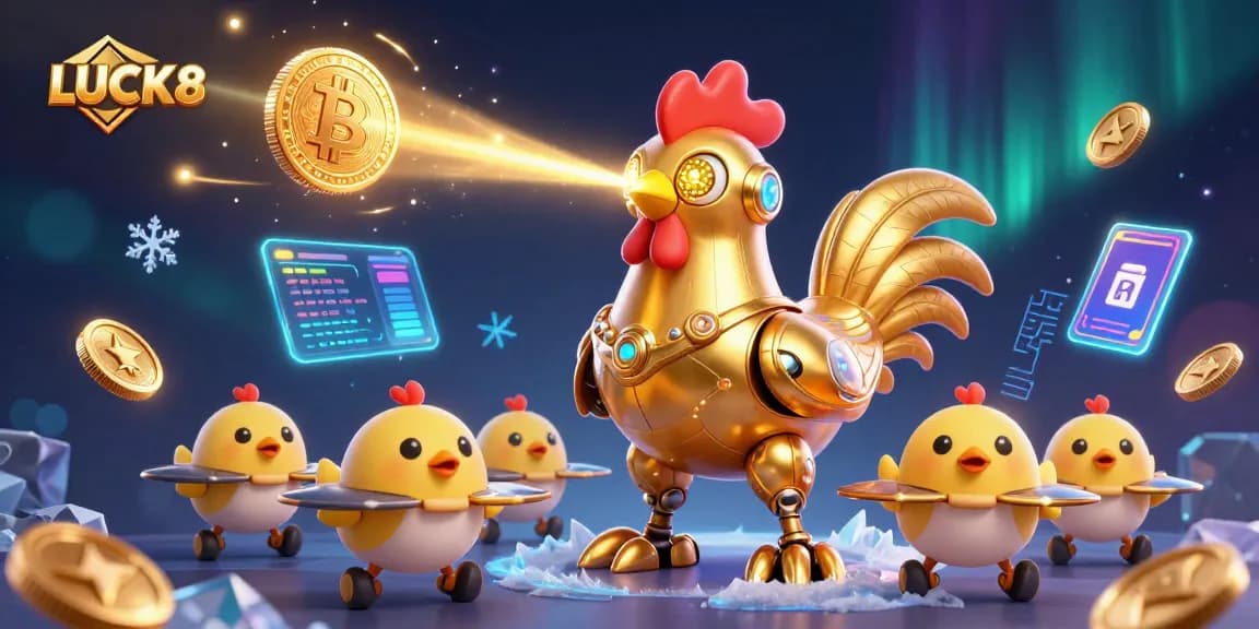Engage with LUCK8 at the casino with 3D characters surrounded by vibrant gaming elements.