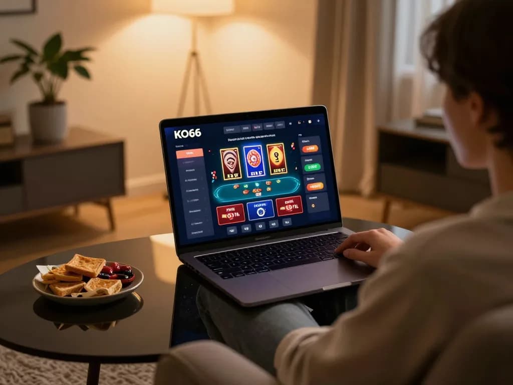 Tham gia chơi game trực tuyến KO66 với máy tính xách tay và giao diện ứng dụng casino.