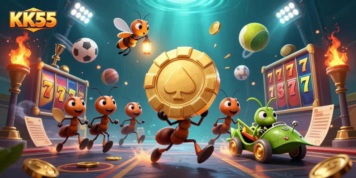 Experience thrilling casino action with KK55, as ants steal a giant poker chip amidst dynamic slots and sports elements.