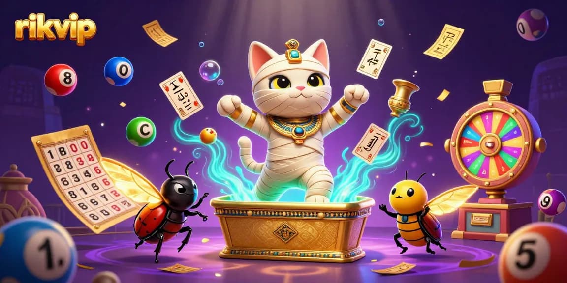 Engage with rikvip's thrilling casino scene featuring a mummy cat and vibrant game elements.
