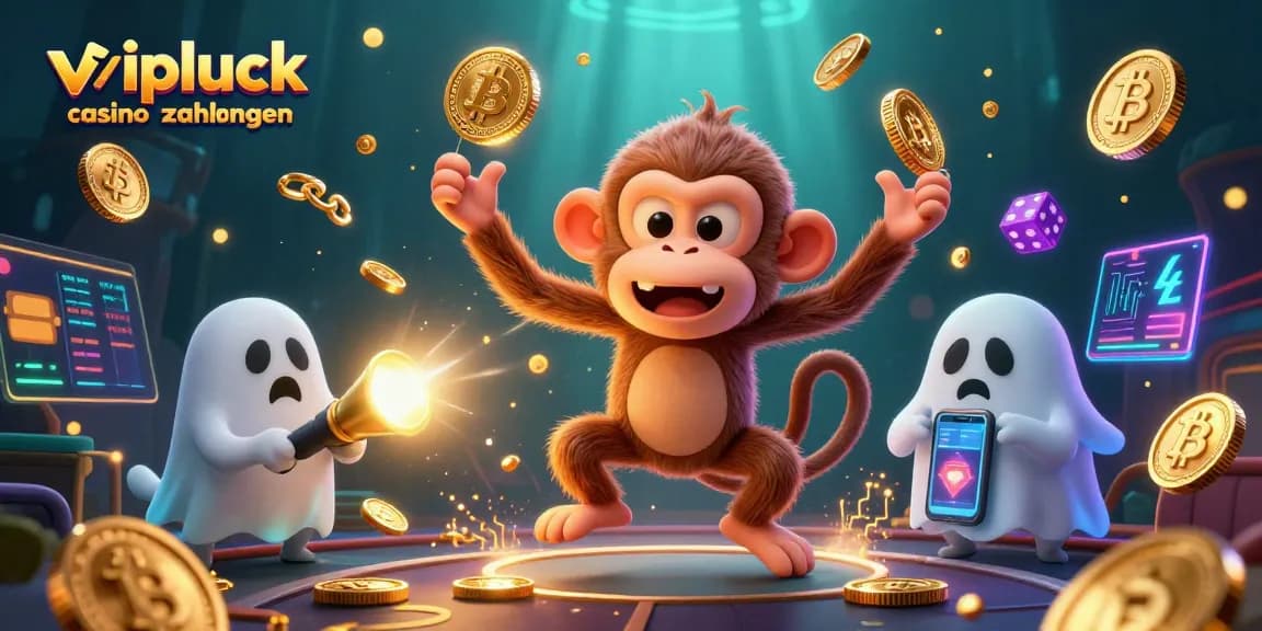 Entdecken Sie VIPLuck Casino Zahlungen mit einem glücklichen Geisterjäger-Hund und dem verspielten Poltergeist-Monkey.