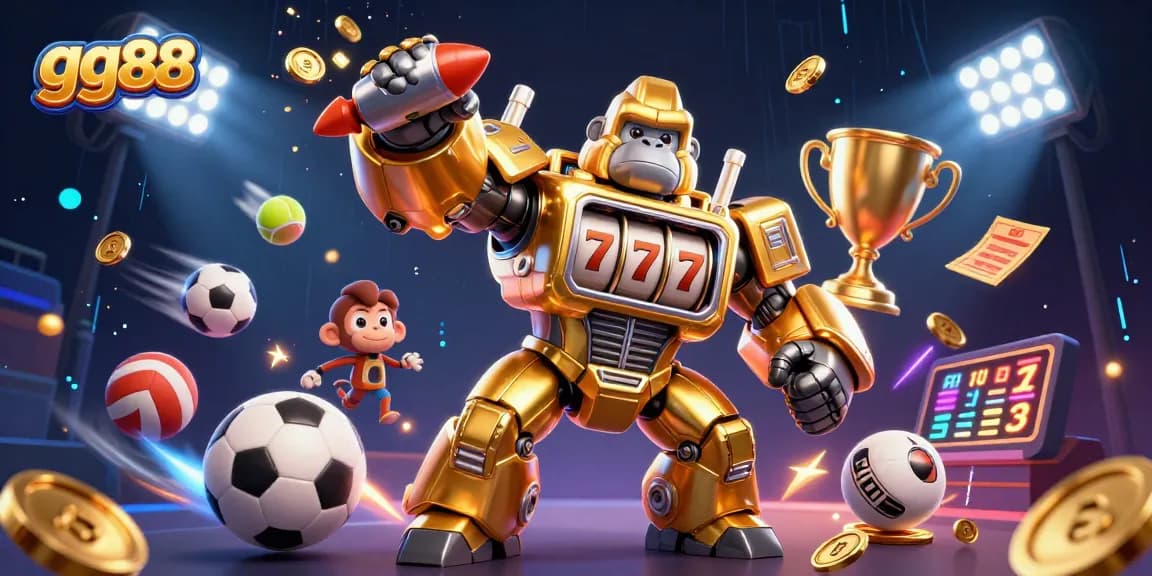 Experience thrilling gameplay at gg88 with a dynamic scene featuring a mechanical gorilla and vibrant sports action.