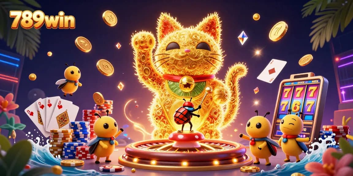 Experience luck with 789win's vibrant lucky cat and casino symbols in a captivating 3D scene.