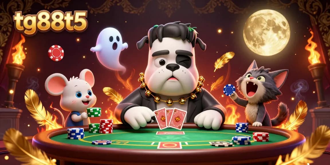 tg88t5 poker scene with a Frankenstein bulldog and a ghost mouse floating, featuring chips and cards