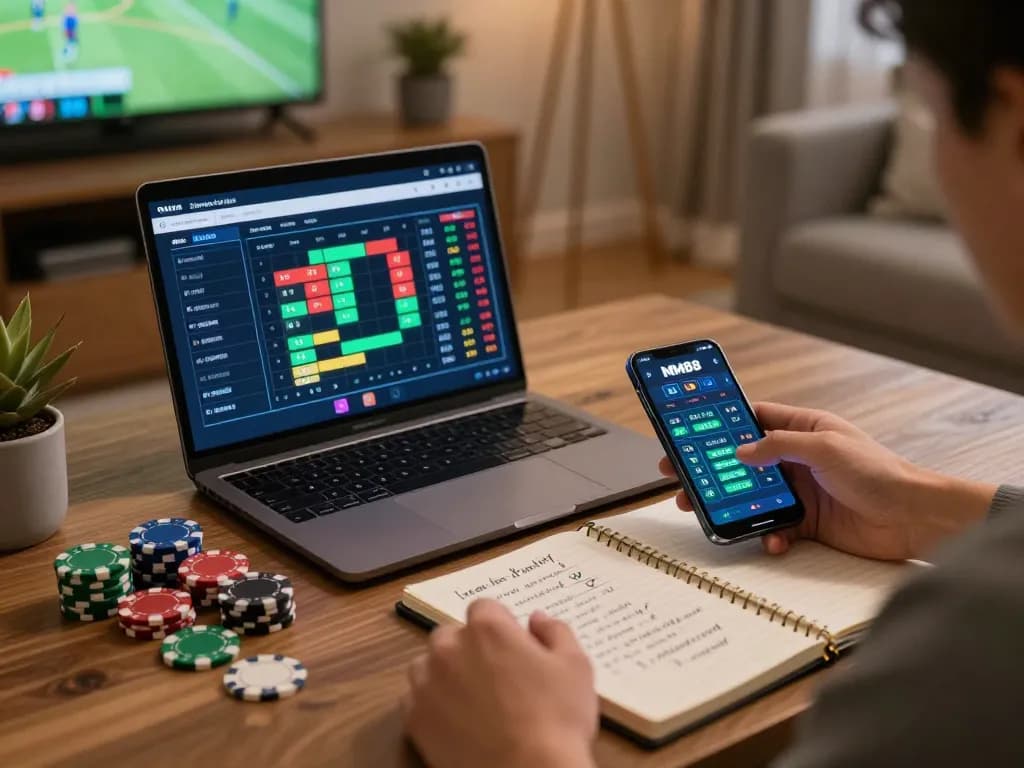Experience sports betting excitement with MM88 on personal devices amidst a cozy home setup.