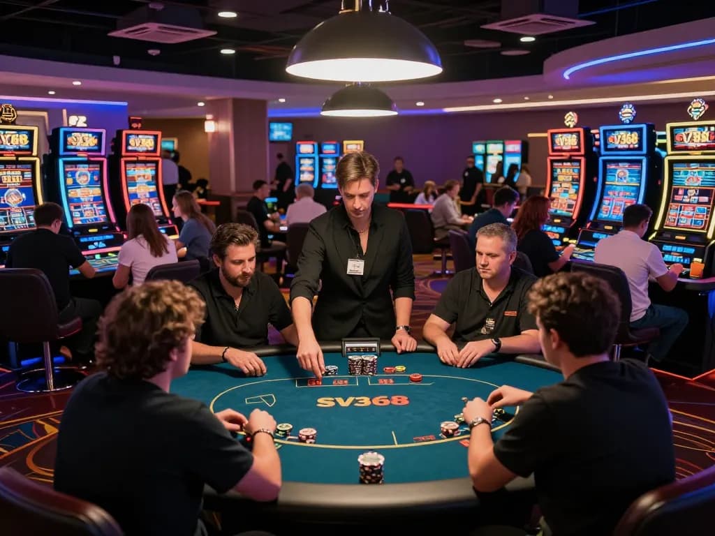 SV368 players enjoy gaming excitement at poker tables in a vibrant casino environment.