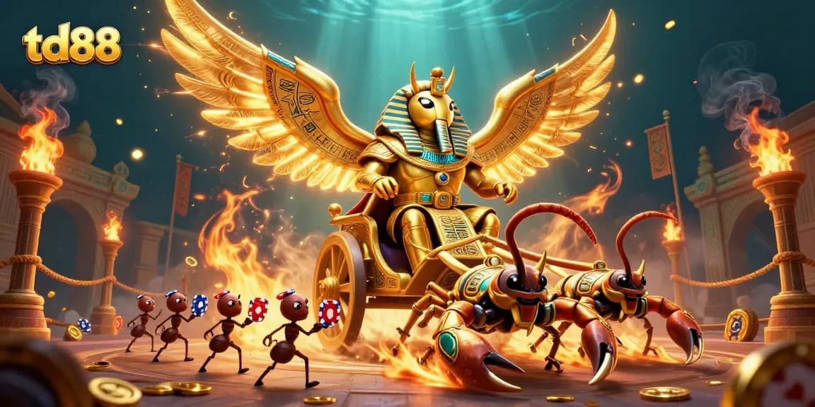 Experience thrilling gameplay at td88 with a colossal golden scarab beetle leading a dynamic casino scene.