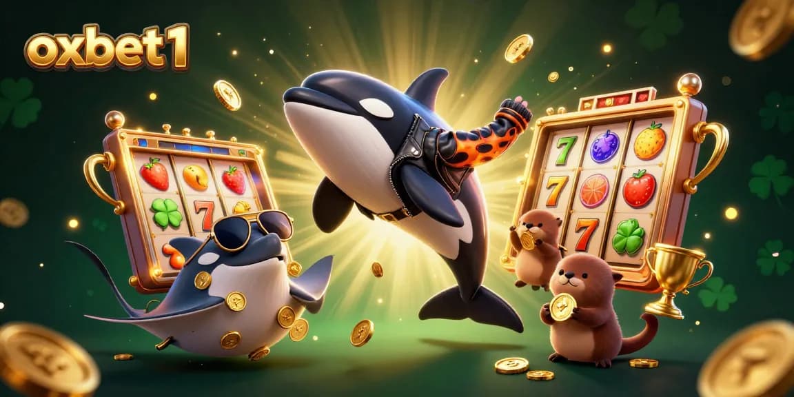 Experience the exciting world of oxbet1 with an orca and sea otters amidst vibrant slot reels and golden coins.