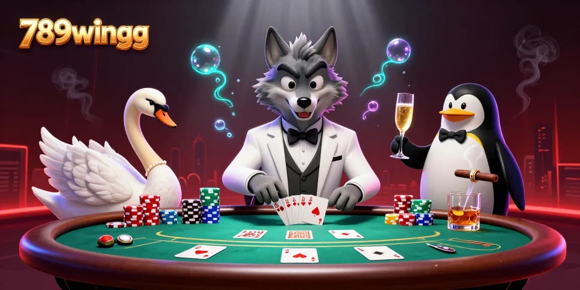 Experience thrilling baccarat at 789wingg with an elegant 3D wolf, swan, and penguin.