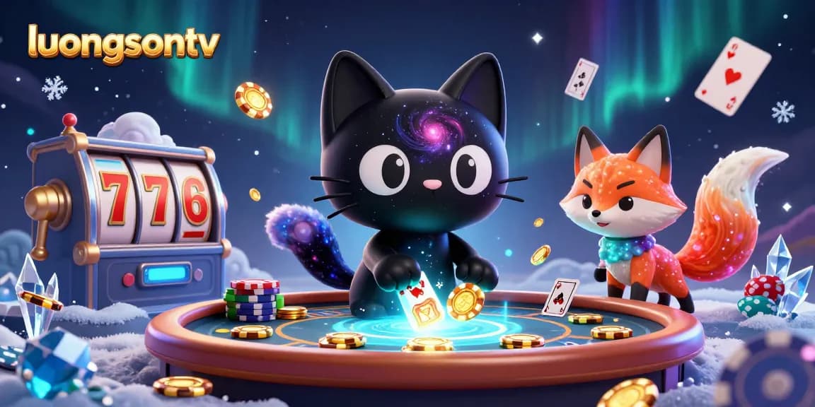 Engage with the dynamic luongsontv gaming universe featuring a black hole cat and nebula fox at an energetic casino table.