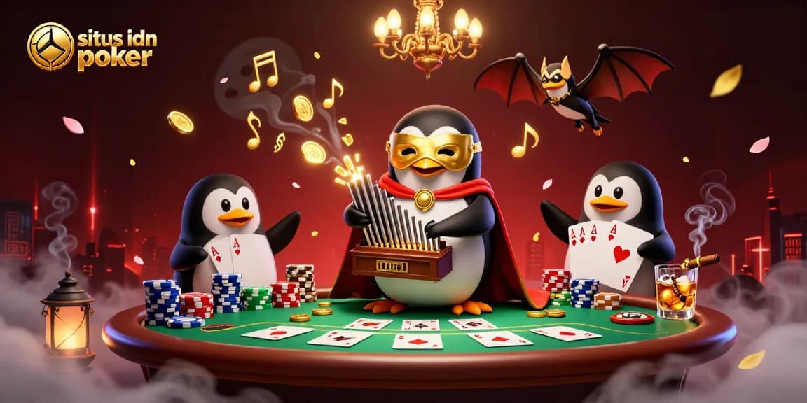 Menggali situs IDN poker dengan suasana poker penuh warna dan karakter unik dalam ilustrasi 3D yang menarik.