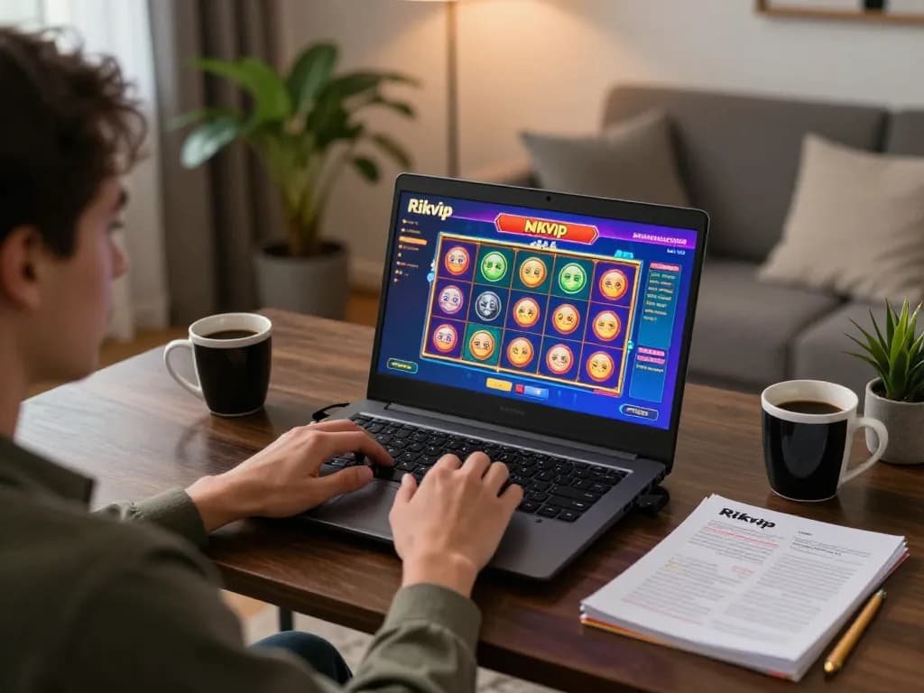 Engaging in rikvip online casino gaming from home with vibrant slot game on screen.