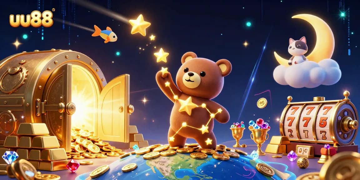 Engage with the captivating uu88 casino universe, where golden stars scoop up coins in an enchanting 3D scene.