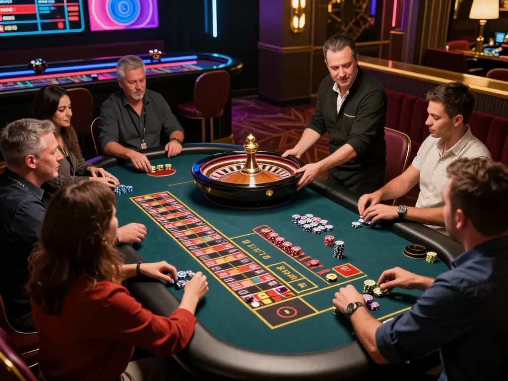 FC88 players placing bets at a lively roulette table in a modern casino environment.