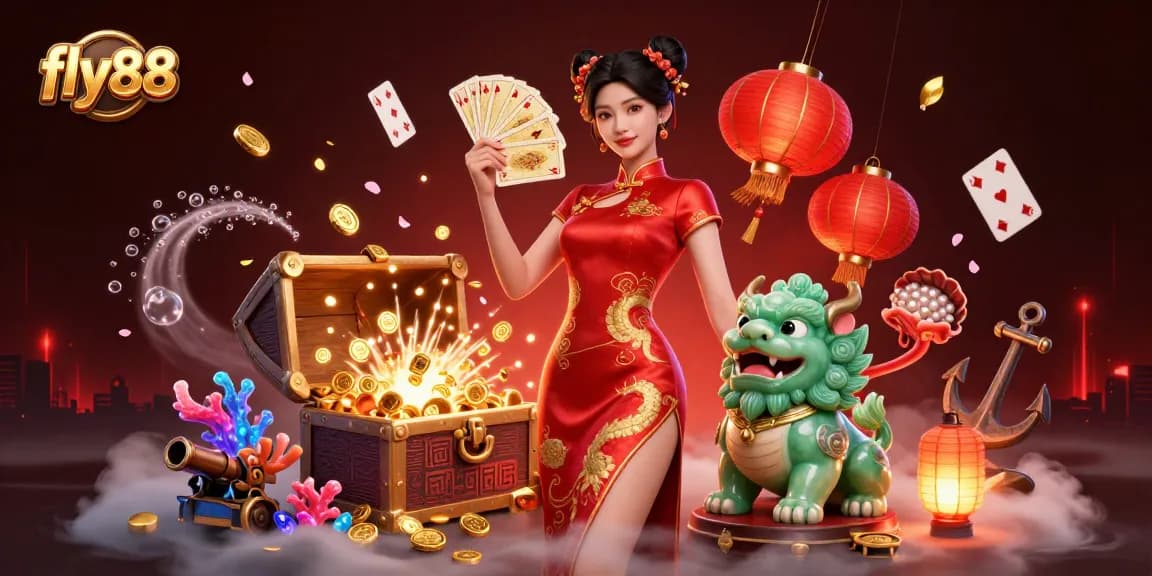 Experience exciting gaming at fly88 with a vibrant 3D illustration showcasing action-packed casino elements.