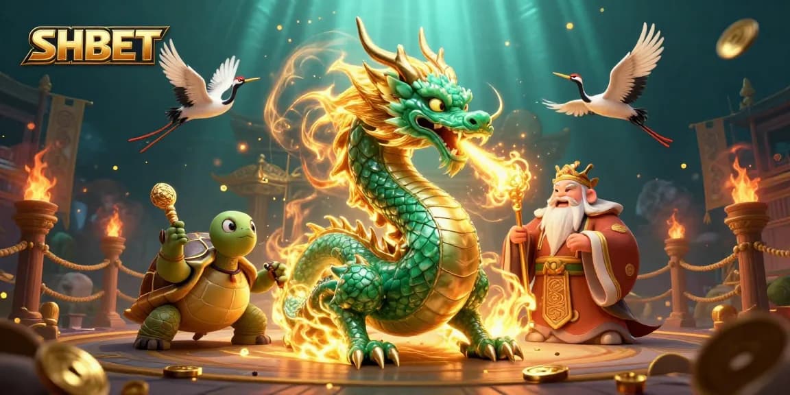 Experience thrilling wins at SHBET with a vibrant 3D casino scene featuring mythical dragons and games.