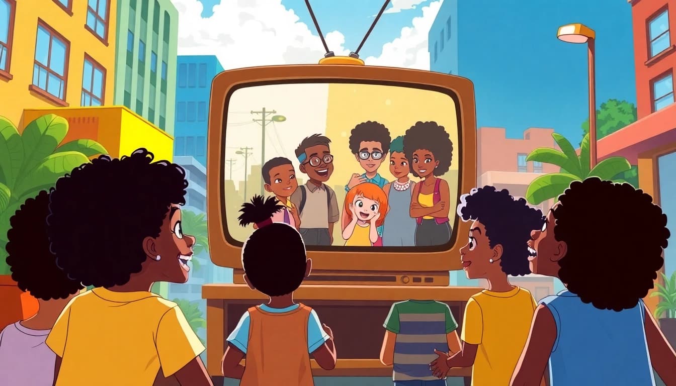 A scene showcasing children enjoying African American cartoons, highlighting cultural representation and diversity.