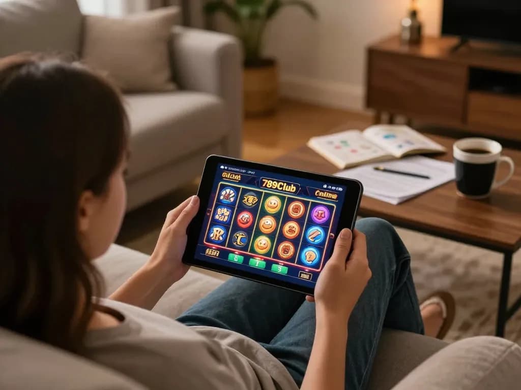 Engaged player enjoying 789Club online casino on tablet, showcasing gaming strategy in cozy home setting.