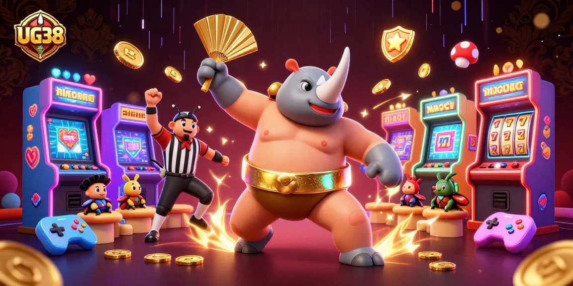 Engage in high-stakes entertainment with UG38 as the beetle champion stomps coins in a vibrant casino scene.