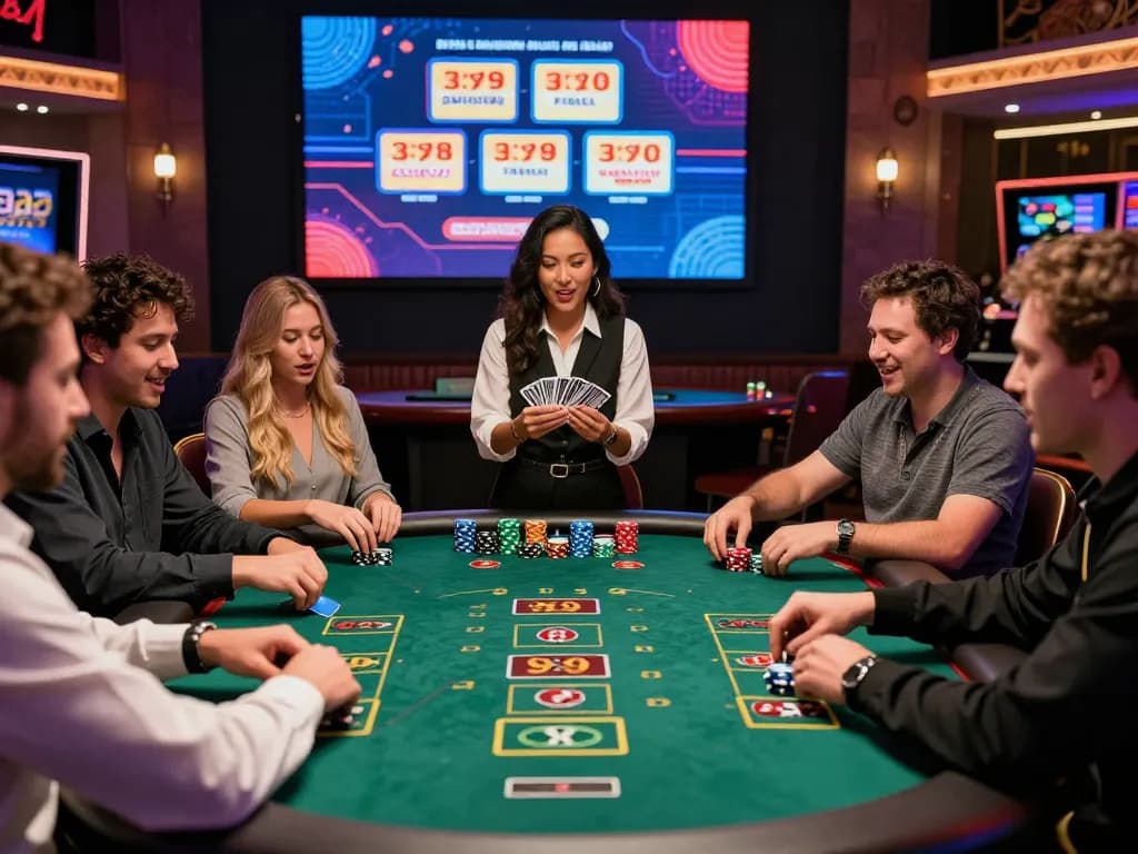 Players enjoying a live casino game experience at bong99 with vibrant atmosphere and engaging dealer.