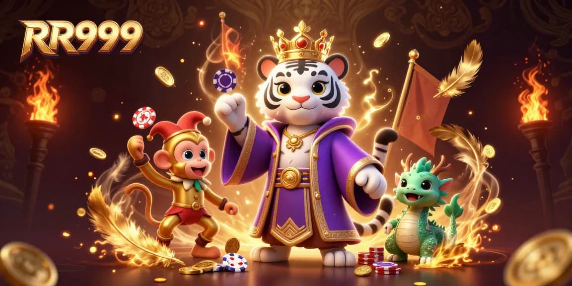 Experience exciting gaming action at RR999 with dazzling tiger, monkey, and dragon in an enchanting casino scene