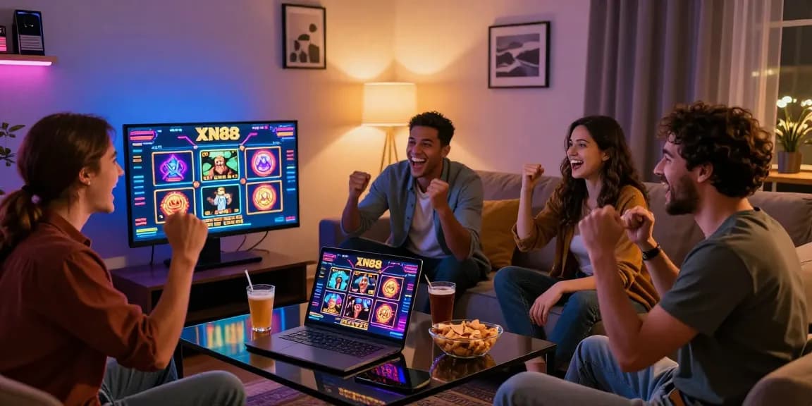 Friends enjoying a thrilling gaming night with XN88 platform on a laptop, showcasing excitement in a cozy living room.