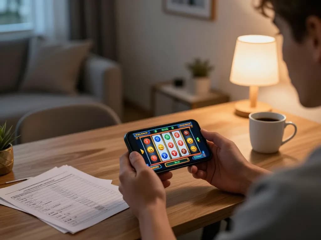 Engaged player spinning online slot game on smartphone in a cozy home setting.