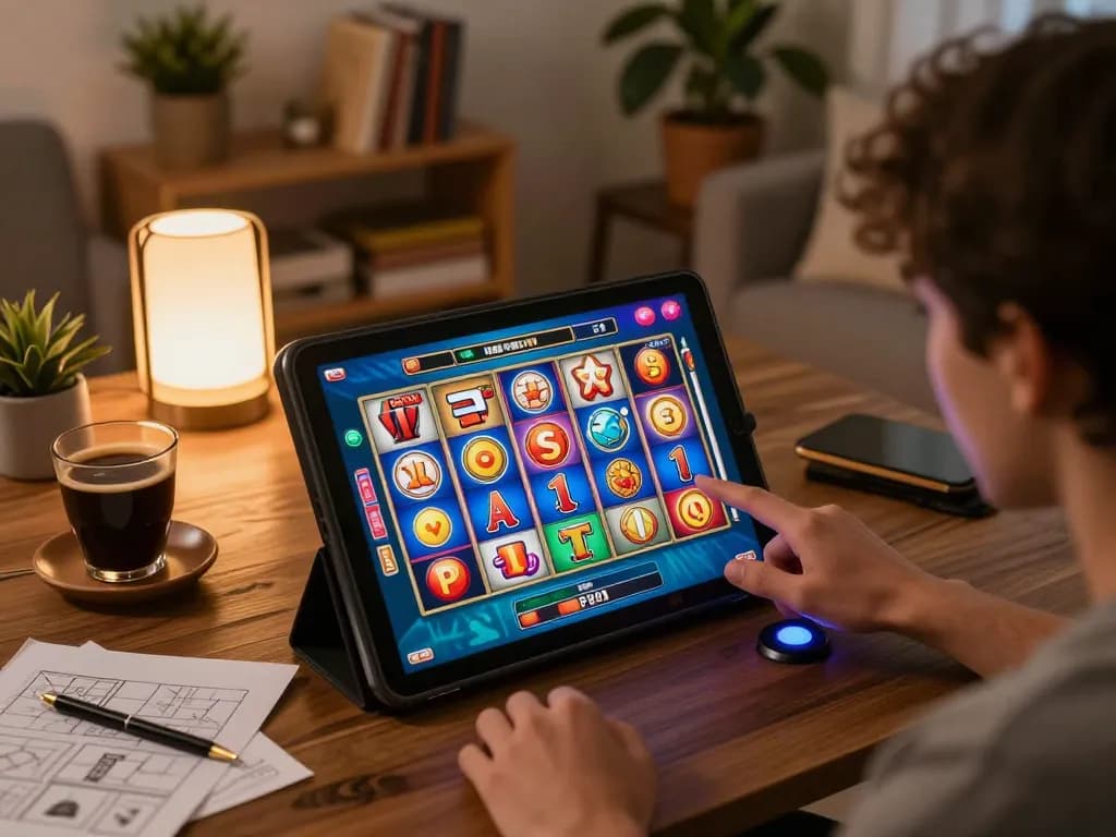 Celebrate slot bonus wins on a tablet in a cozy living room filled with strategy notes and colorful game displays.