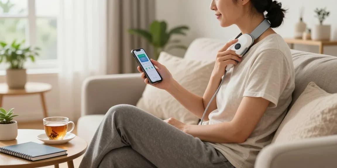 Person using a Vagusnervstimulation gerät testsieger at home, promoting relaxation and wellness.