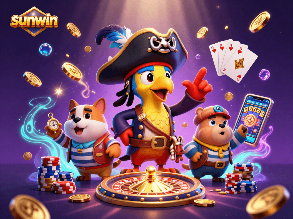 sunwin pirate-themed casino illustration with golden coins, roulette wheel, and vibrant characters
