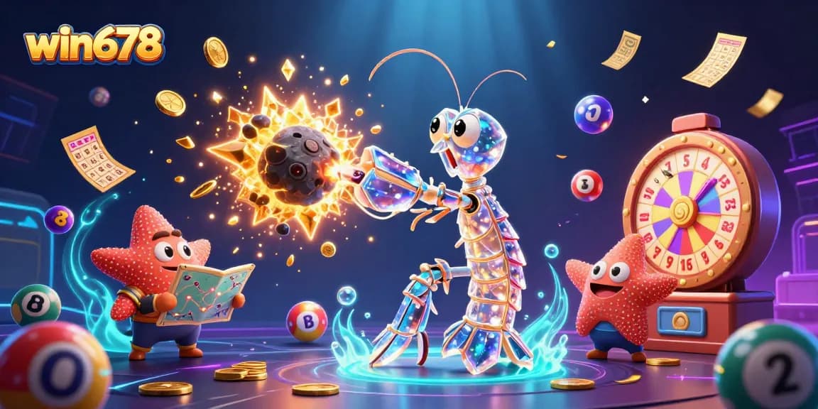 Win678 casino adventure illustration showcasing vibrant lottery elements and a dynamic scene.