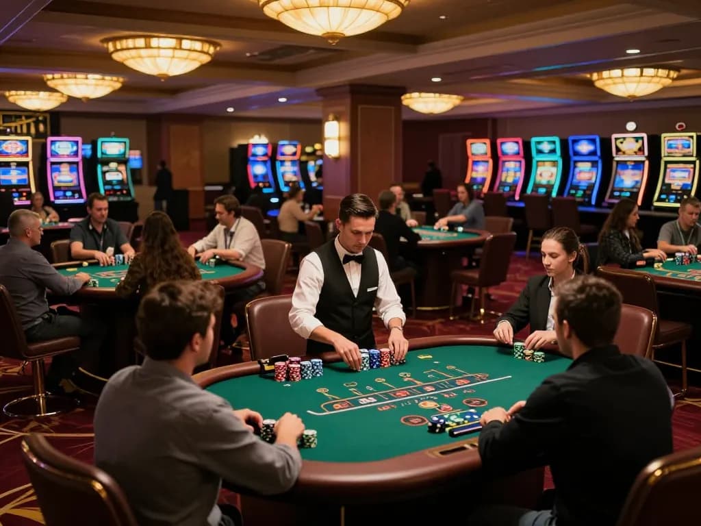 Players enjoying blackjack at TG88 casino with vibrant ambience and professional dealer managing the game