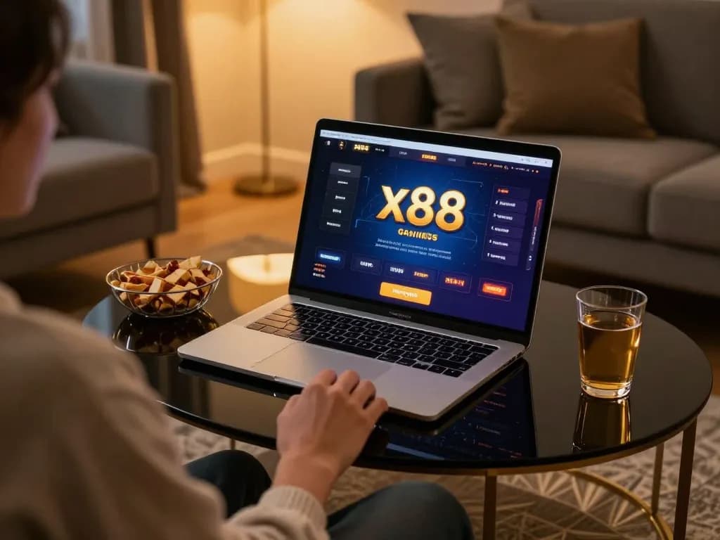 x88 online casino gaming setup in a stylish home environment with warm lighting